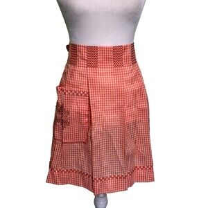 Homemade Half Apron w/ Front‎ Pockets Orange Gingham Black Embroidery